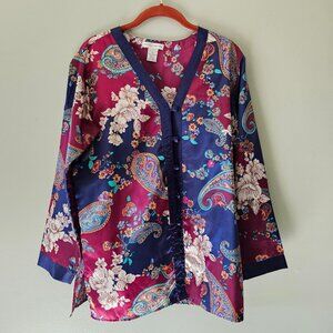 Private Luxuries Paisley Silk-Like Blouse or Night Shirt Size S